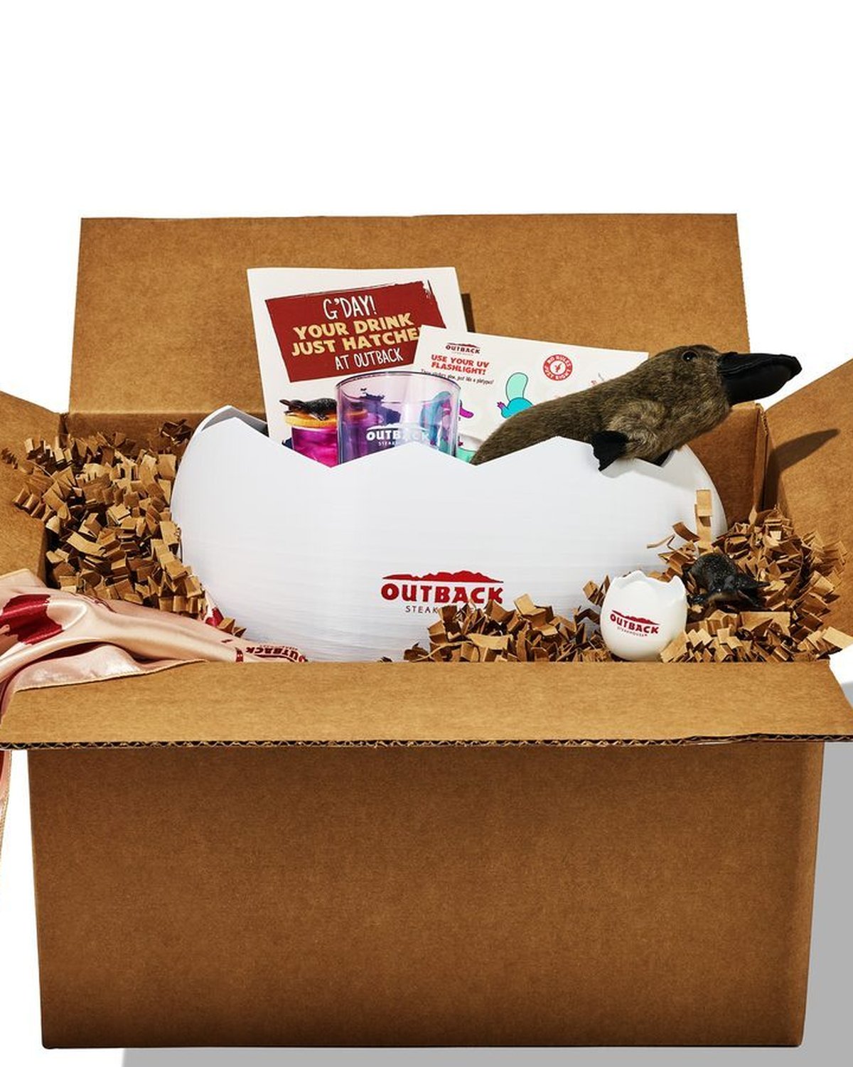 Outback Steakhouse branded gift box containing a large white 3D-printed cracked-egg container, a plush platypus, branded cards, and a satin scarf.